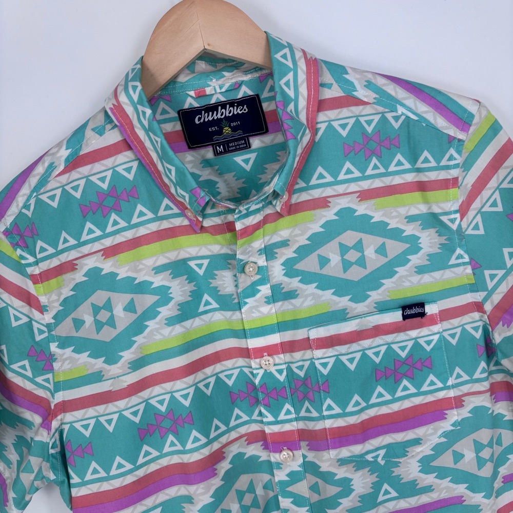 Chubbies Southwestern Button Down Shirt Mens M "The Prickly Pear" Teal Aztec